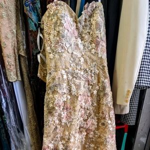 Montage by Mom Cheri gold lace evening gown